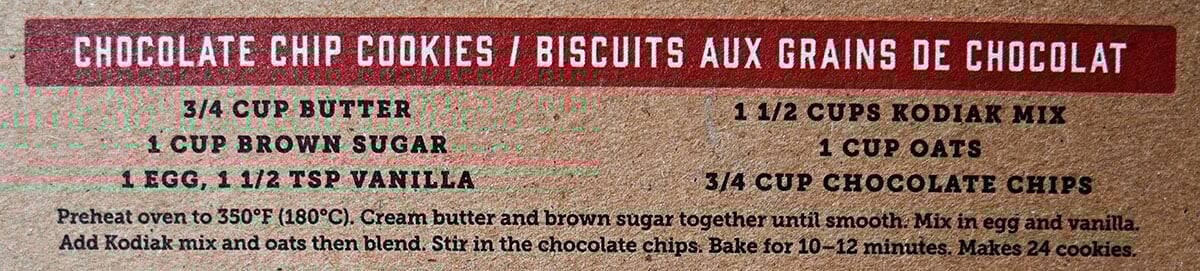 Kodiak Power Cakes chocolate chip cookies recipe from the back of the box.