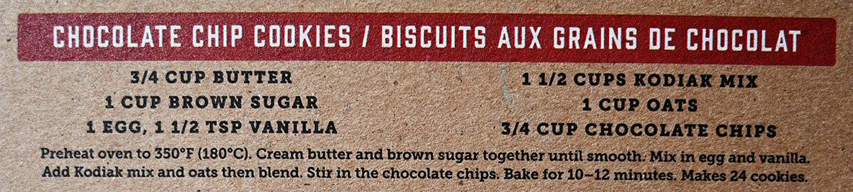 Kodiak Power Cakes chocolate chip cookies recipe from the back of the box.