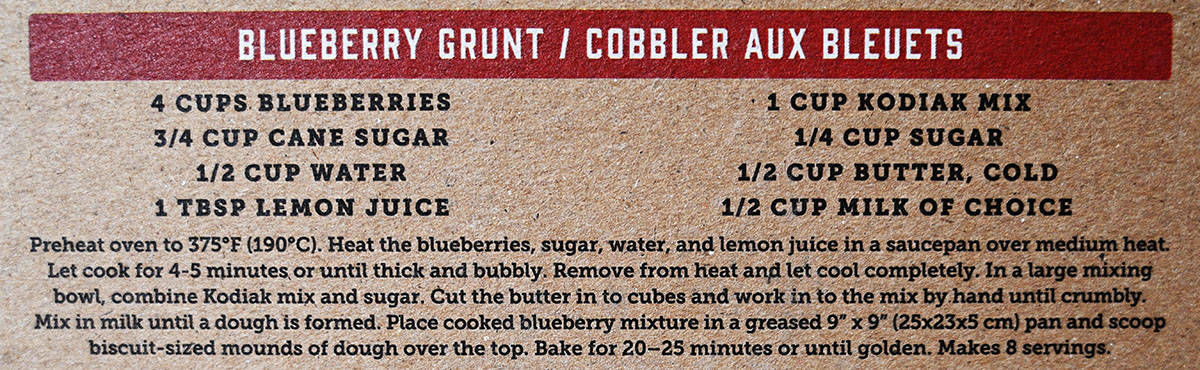 Image of the Kodiak Power Cakes blueberry grunt recipe from the back of the box.