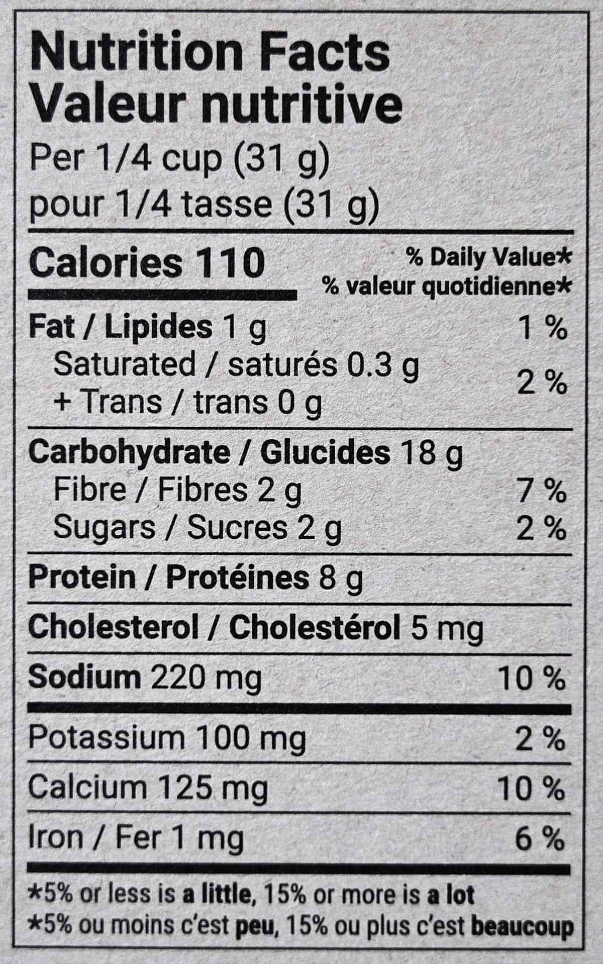 Image of the Kodiak Power Cakes nutrition facts from the back of the box.