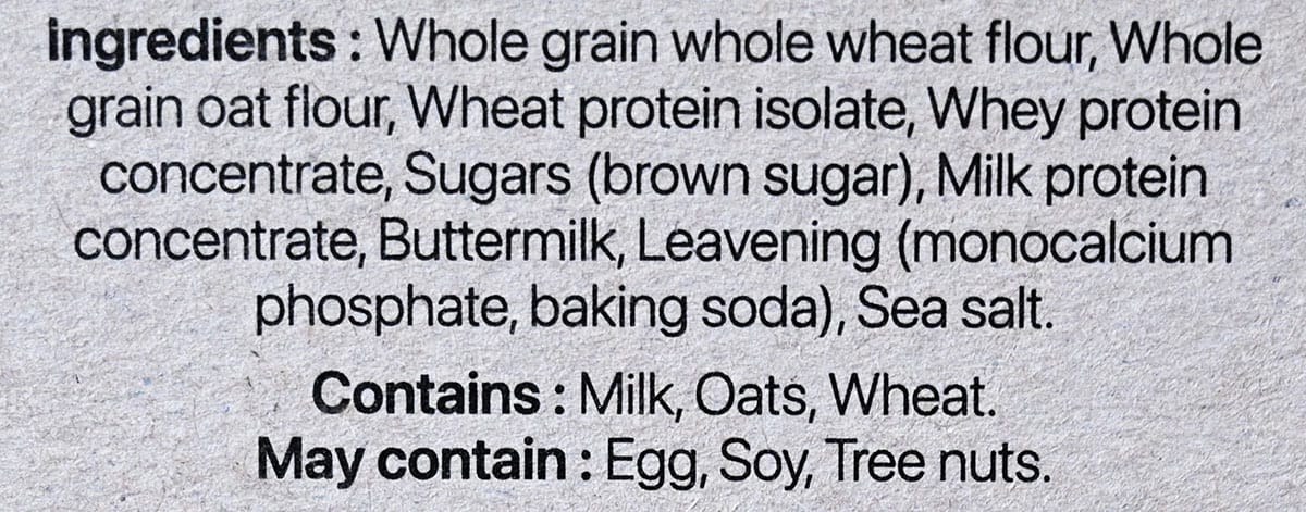 Image of the Kodiak Power Cakes ingredients from the back of the box.