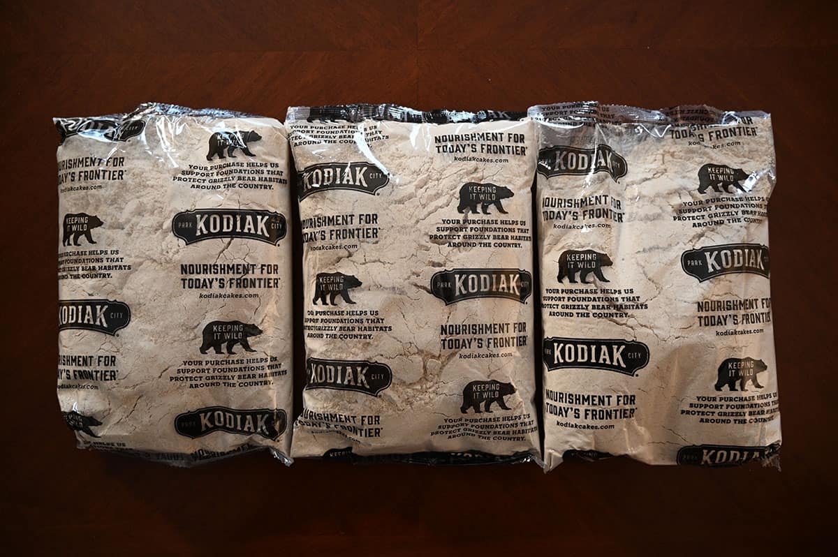 Image of the three bags of Kodiak Cakes mix that comes in the box.