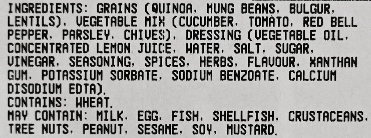 Costco Kirkland Quinoa Salad ingredients label from tray.