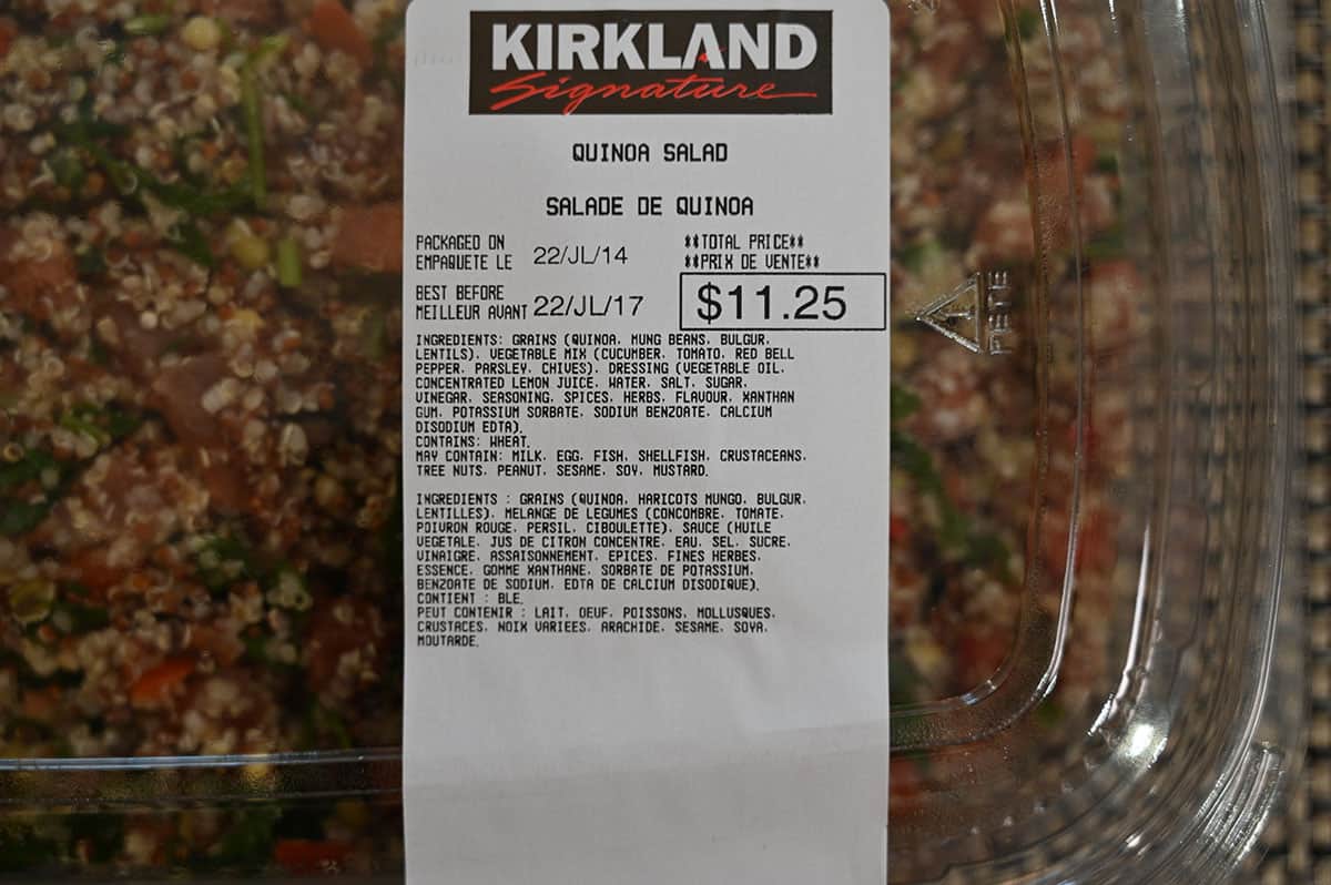 Costco Kirkland Quinoa Salad label from the tray showing ingredients and price.