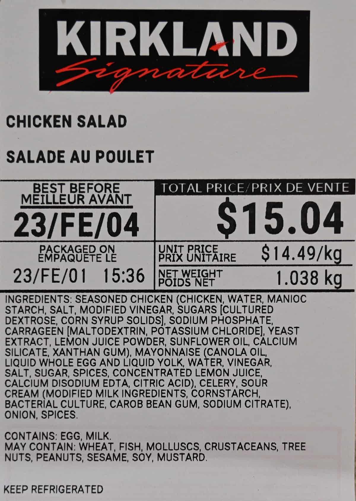 Closeup image of the front label from the Costco chicken salad showing the price and best before date.