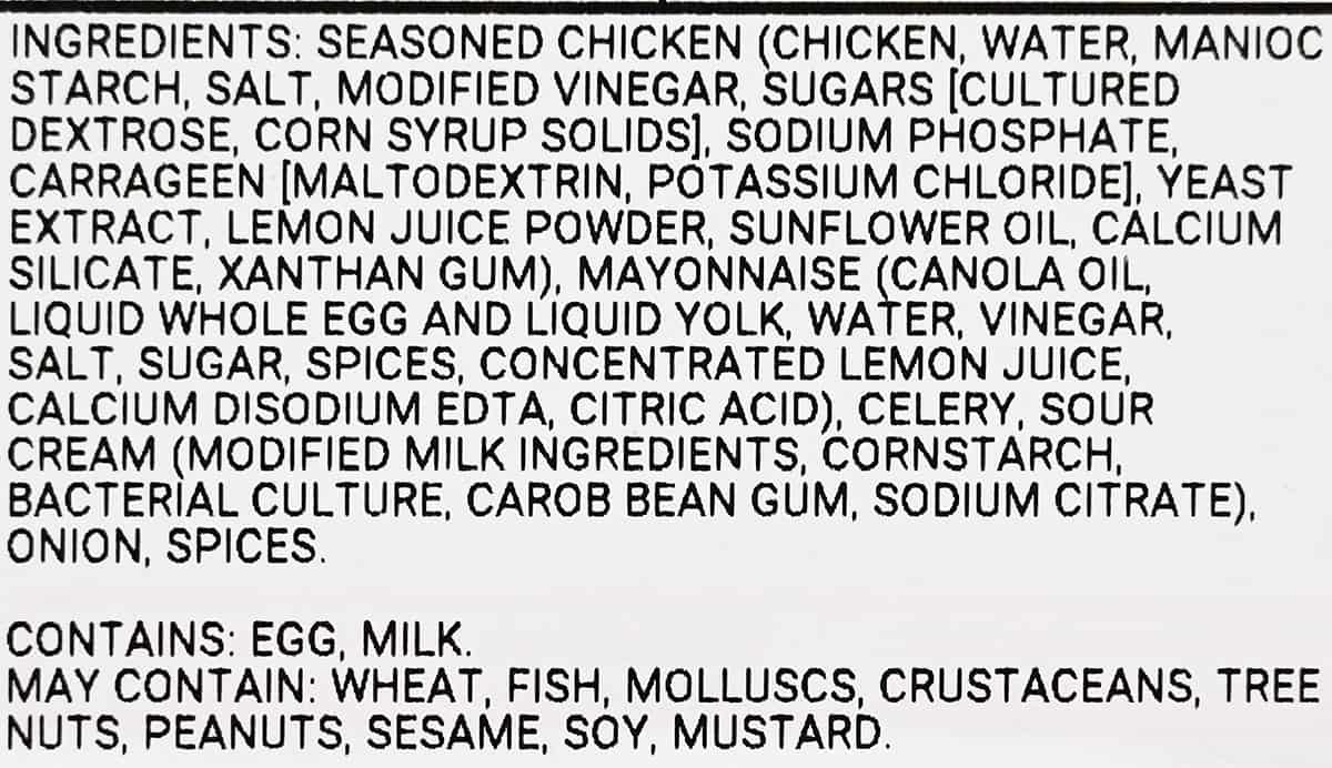 Image of the Costco chicken salad ingredients label from the container.