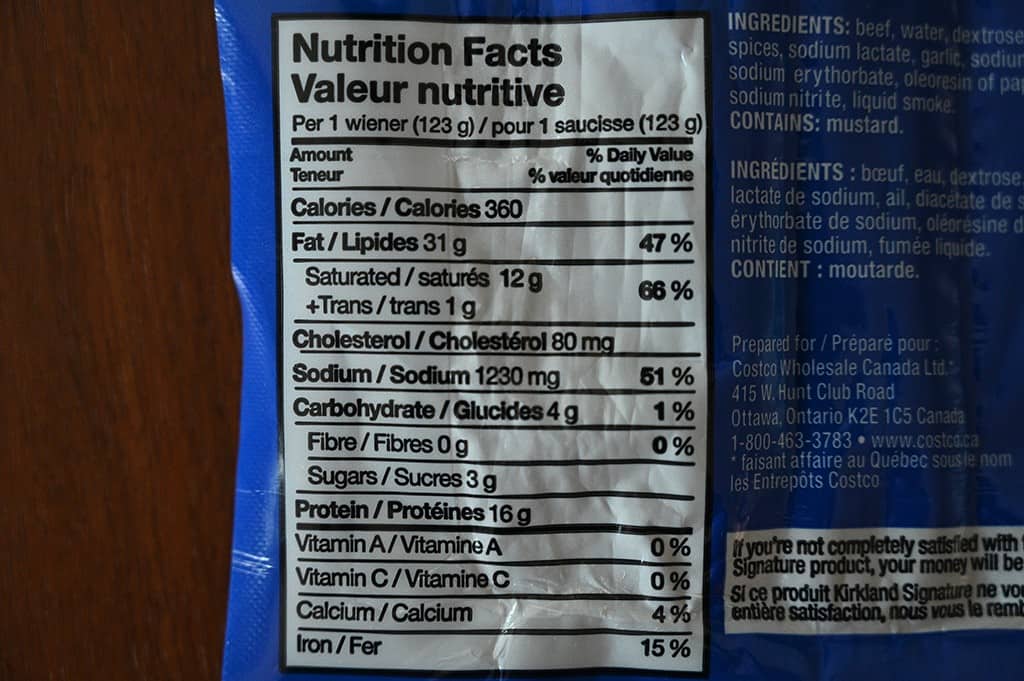 Costco Kirkland Signature Beef Wieners  nutrition facts.