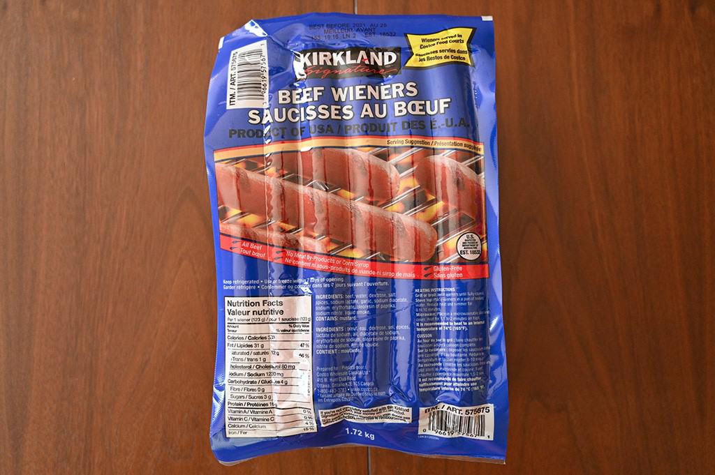Costco Kirkland Signature Beef Wieners package sitting on a table, top down image. 