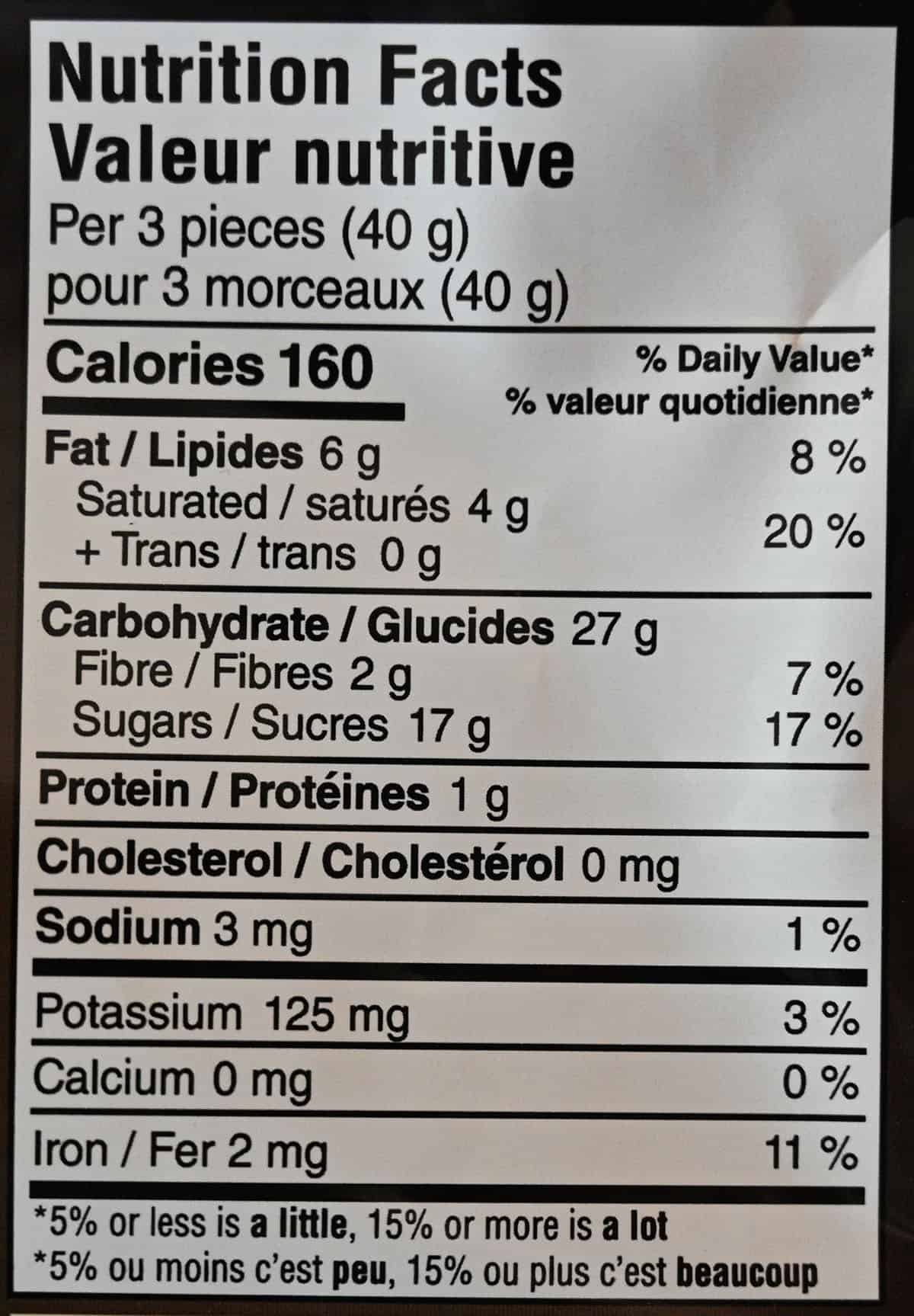 Kirkland Signature Dark Chocolate Mangoes Nutrition Facts from bag. 