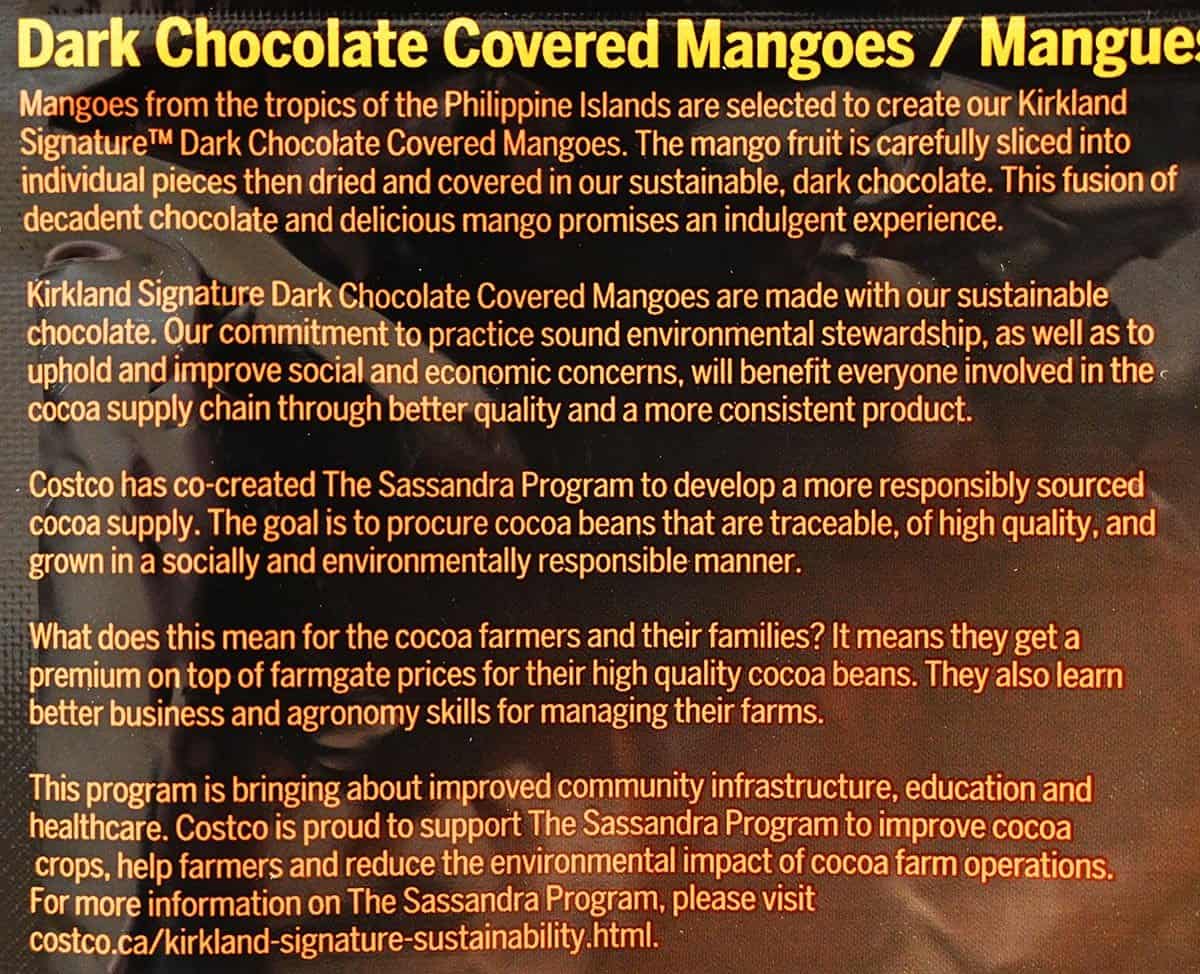 Image of the back of the bag stating the chocolate is responsibly sourced.