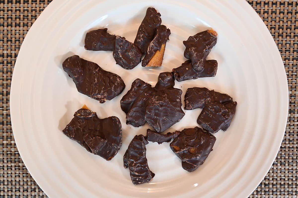 Costco Dark Chocolate Covered Mangoes spread out on a white plate. 