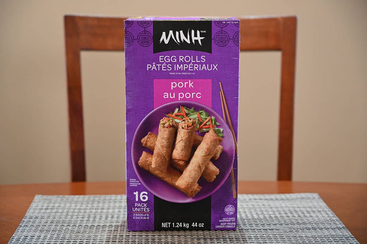Image of the Costco Minh Pork Egg Rolls box sitting on a table.