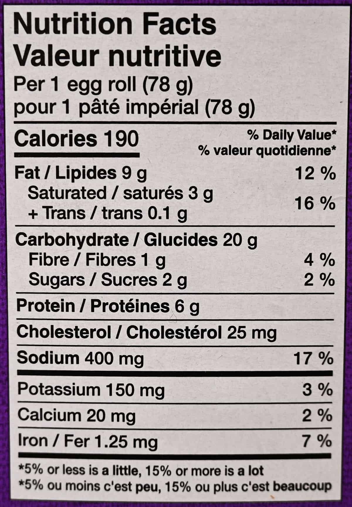 Costco Minh Egg Roll nutrition facts from the box.