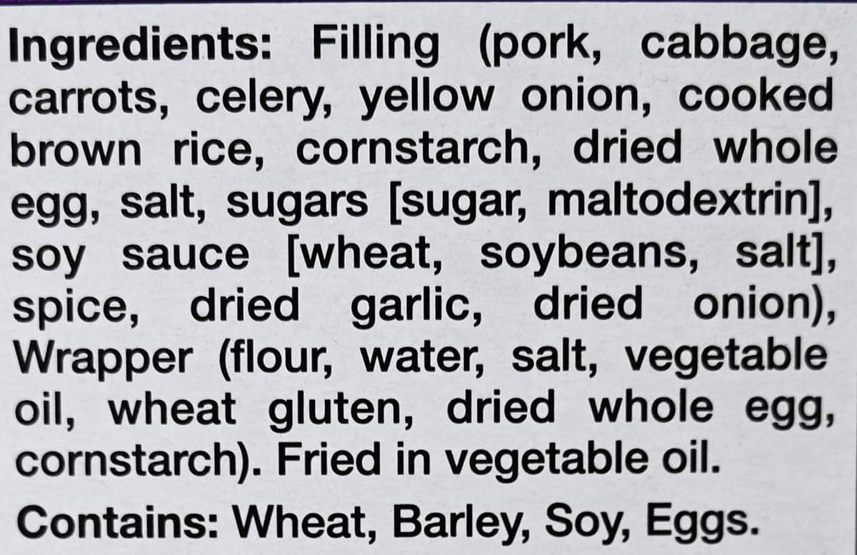 Costco Minh Egg Roll ingredients from the box.