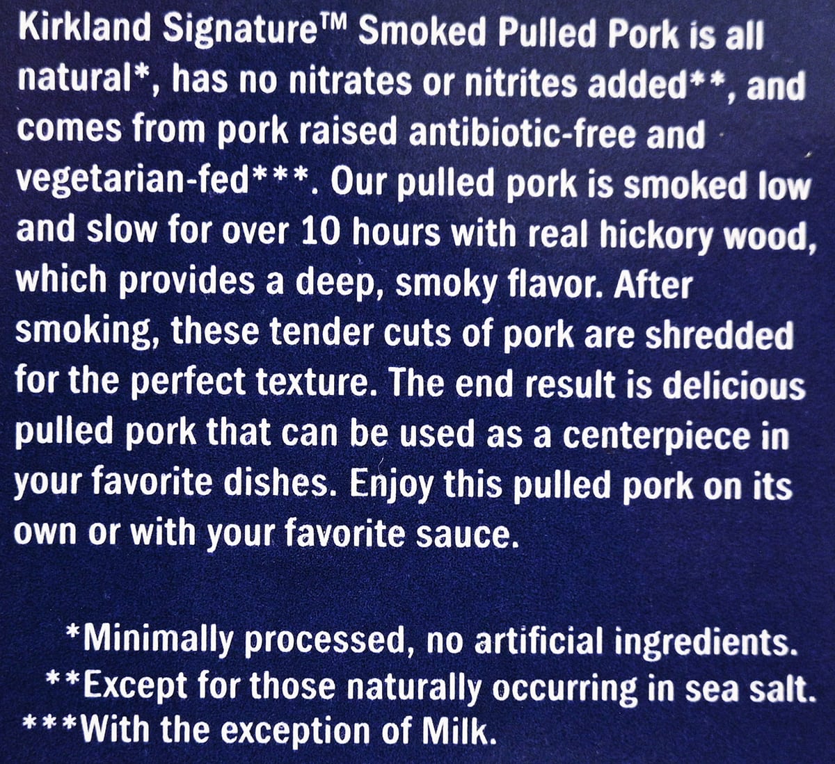 Image of the product description for the pulled pork from the back of the package.