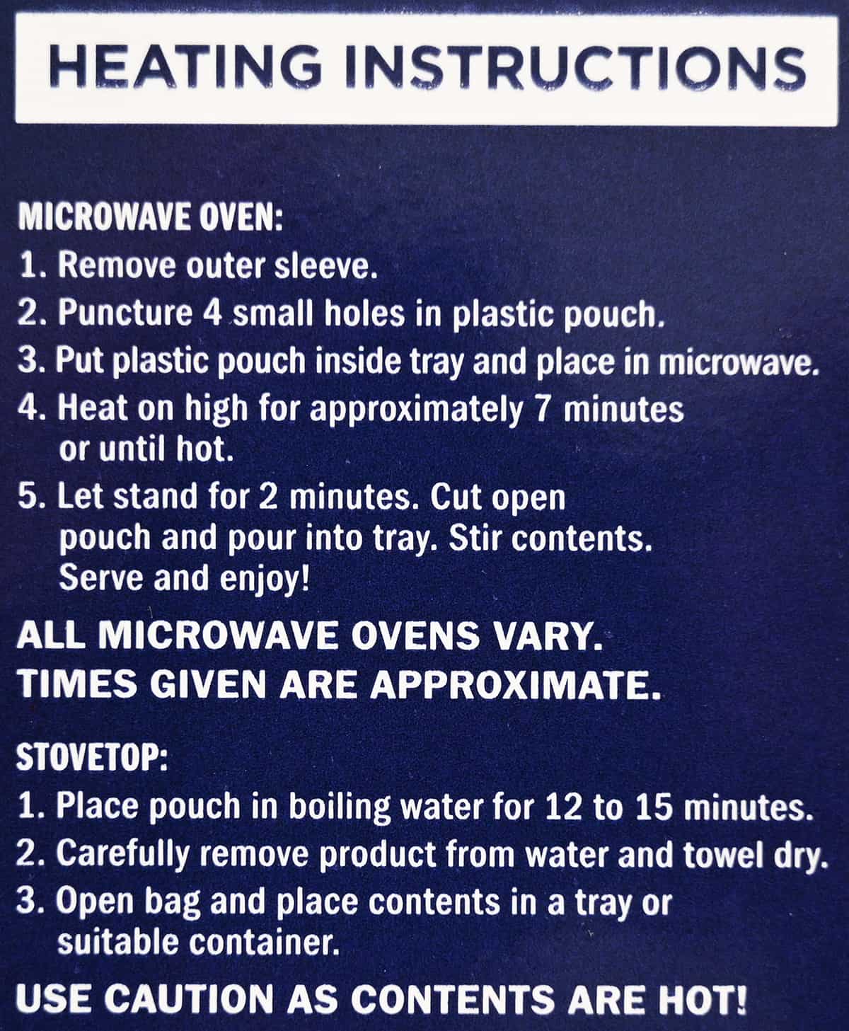 Image of the heating instructions for the pulled pork from the back of the package.
