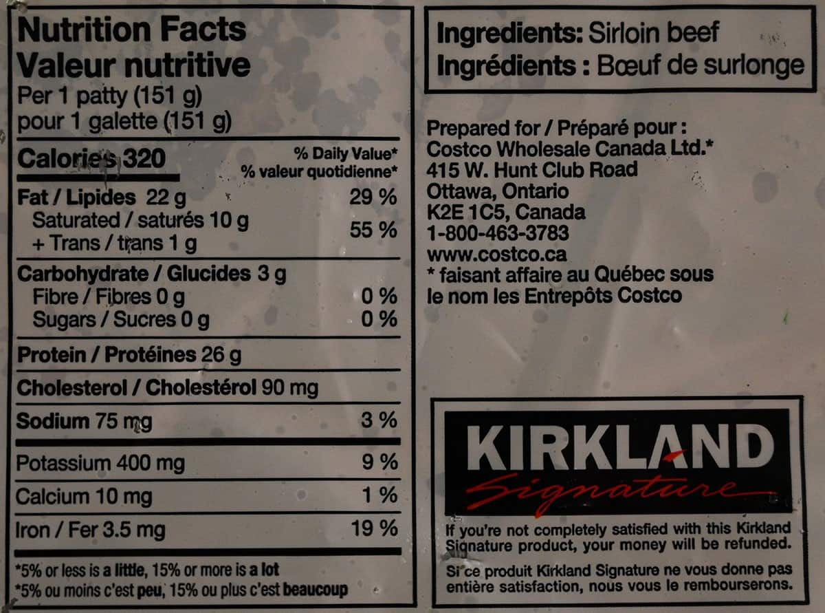 Costco Kirkland Signature Uncooked Lean Sirloin Beef Patties nutrition label from package. 