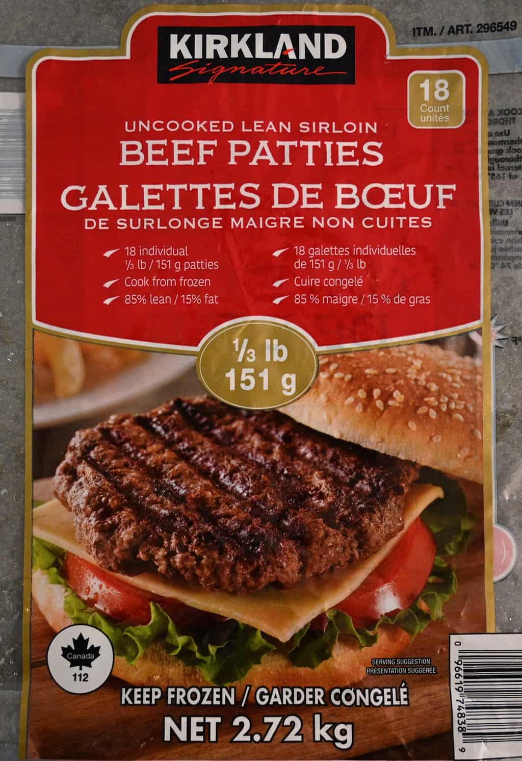 Closeup image of the front of the bag of the Costco Kirkland Signature Uncooked Lean Sirloin Beef Patties. 