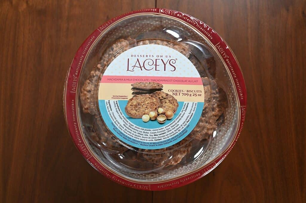 Image of Costco Desserts on Us Laceys  Macadamia Milk Chocolate Cookie Container sitting on a table