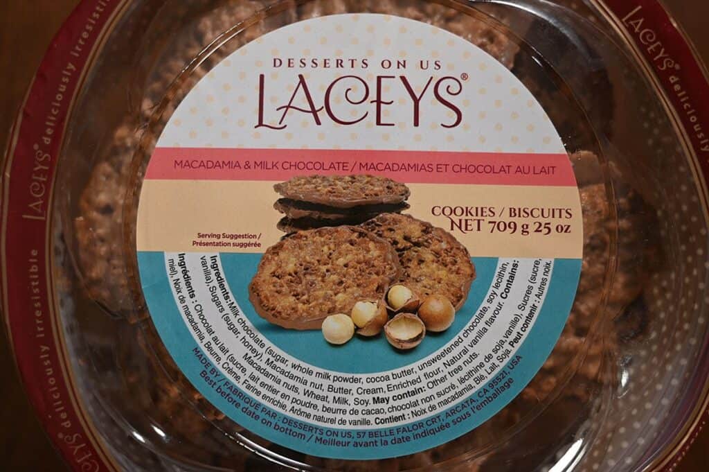 Closer Image of Costco Desserts on Us Laceys  Macadamia Milk Chocolate Cookie Container Label