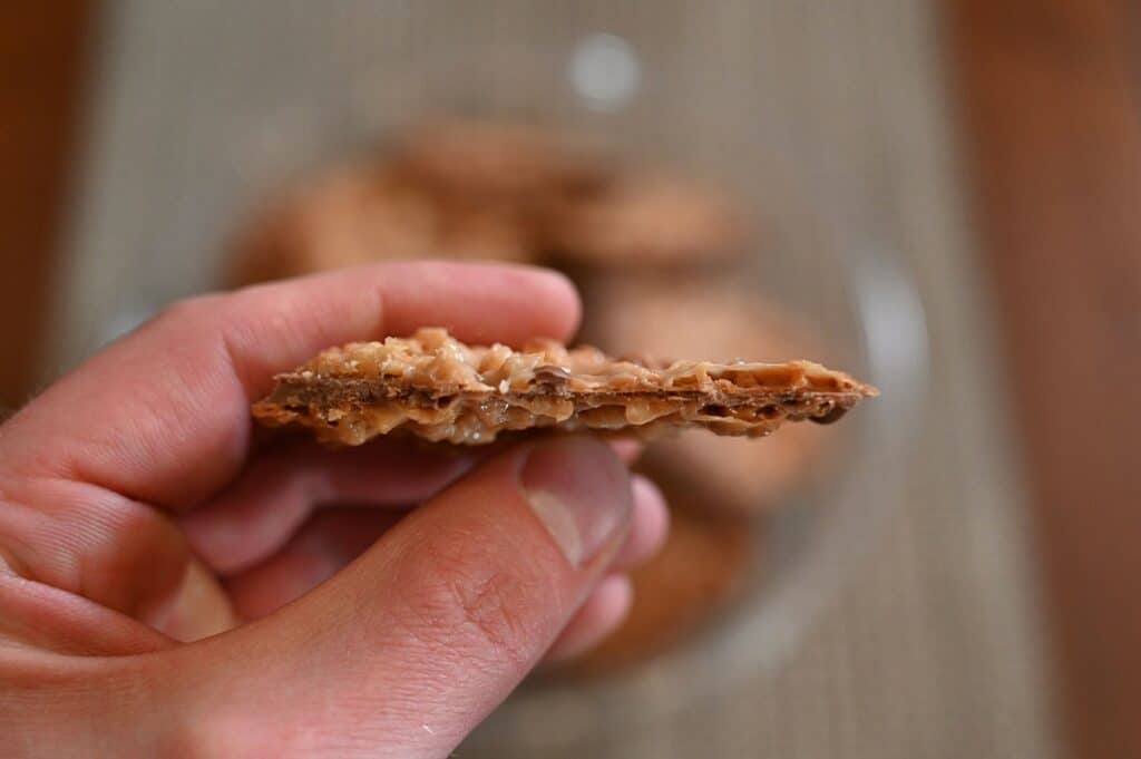 Image of Costco Desserts on Us Laceys  Macadamia Milk Chocolate Cookie side view image of a cookie so you can see how thin they are