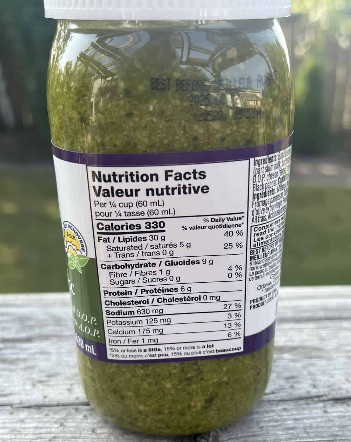 Image of the nutrition facts from the back of the Costco basil pesto container.