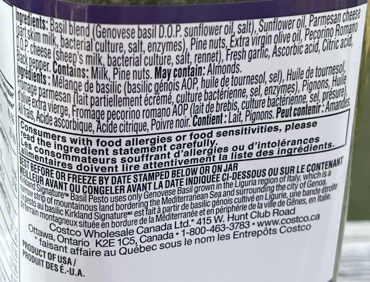 Image of the ingredients in the Kirkland Signature Basil Pesto.