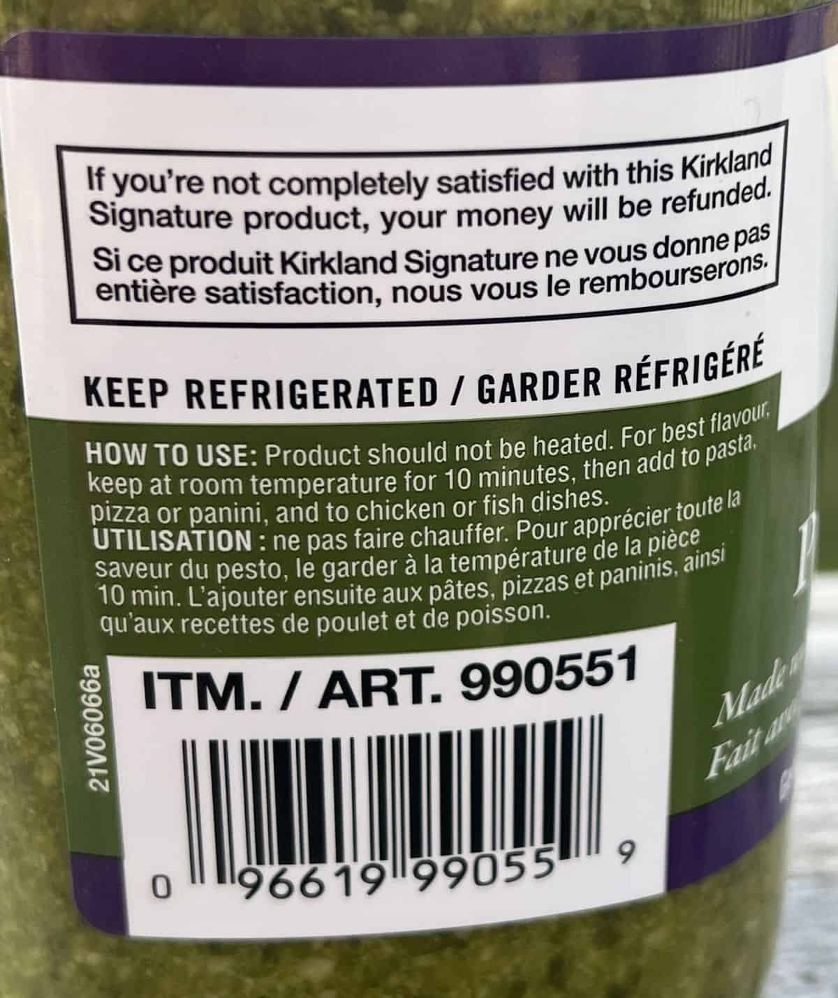 Image of the storage instructions for the Costco Kirkland Signature Basil Pesto from the container.