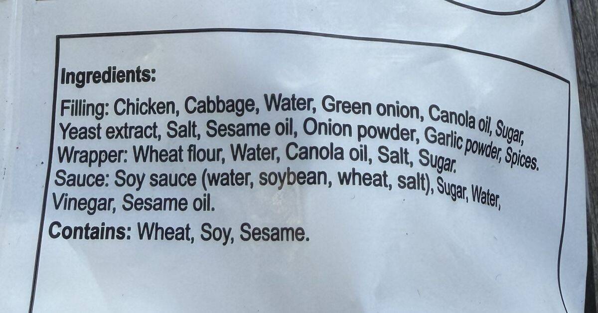 Image of the ingredients for the potstickers from the back of the bag. 