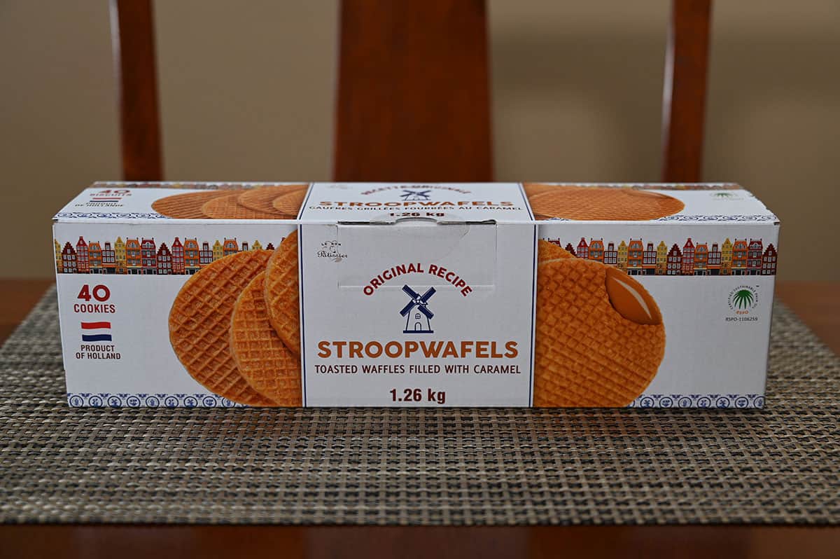 Costco Le Bon Patisserie Original Recipe Stroopwafels box of cooking sitting on a table, side view image.