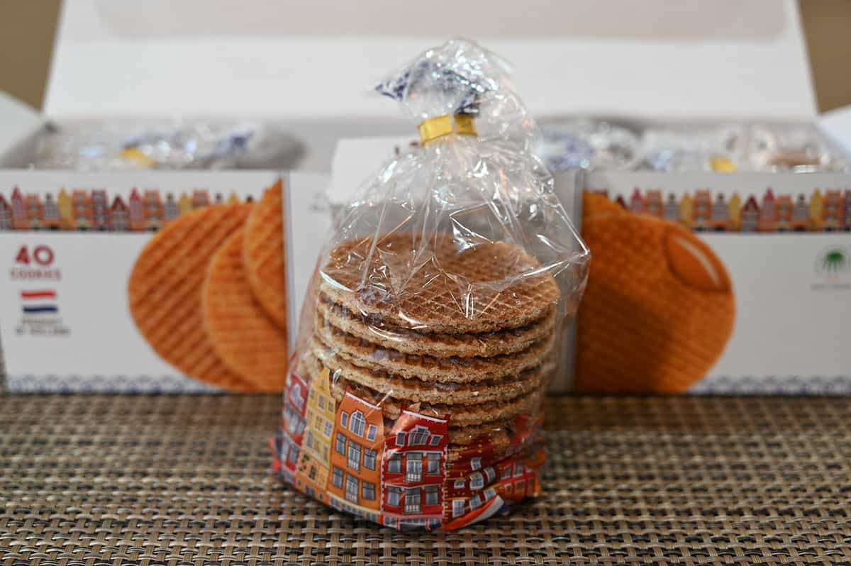 Image of one pack of ten cookies in plastic packaging sitting in front of the box.