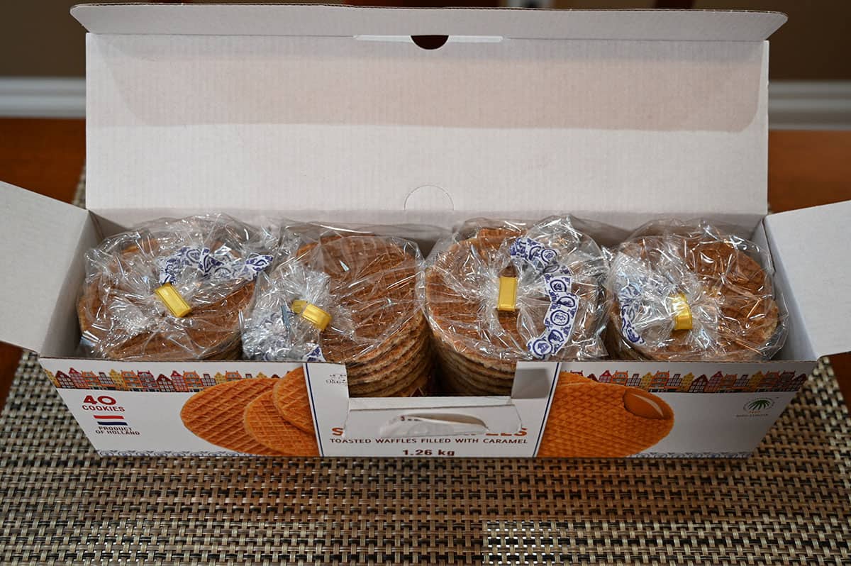 Image of the box of stroopwafel cookies open, showing four individual packages of cookies.