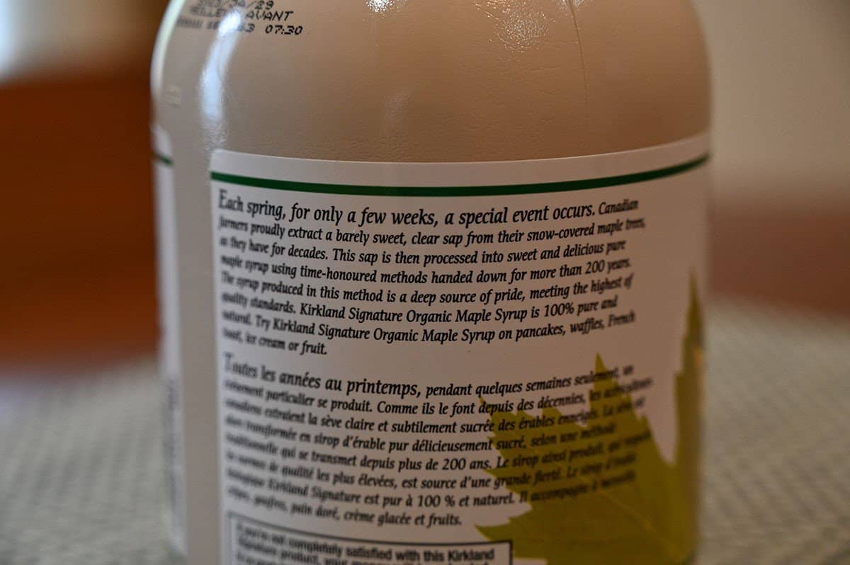 Image of Costco Kirkland Signature Maple Syrup product description from bottle. 