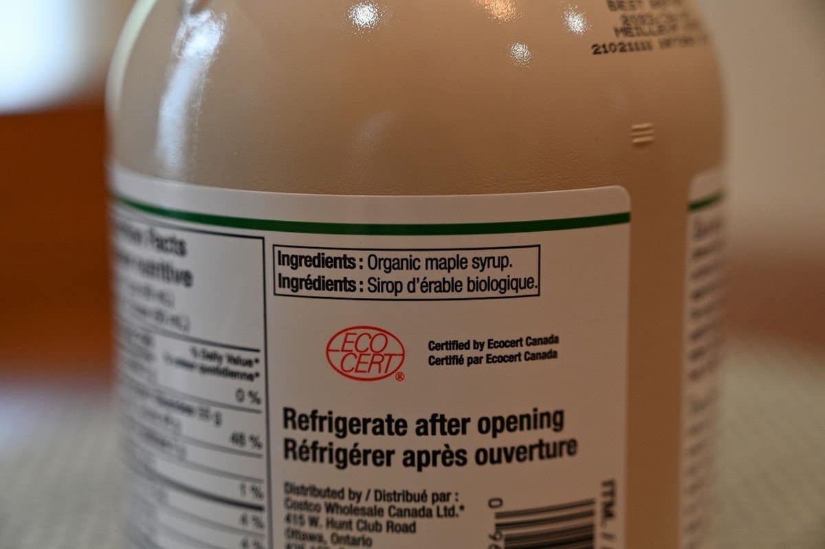Image of Costco maple syrup ingredients label from bottle. 