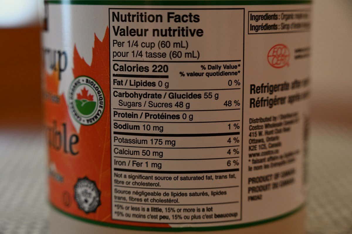 Image of Costco maple syrup nutrition facts label from bottle. 