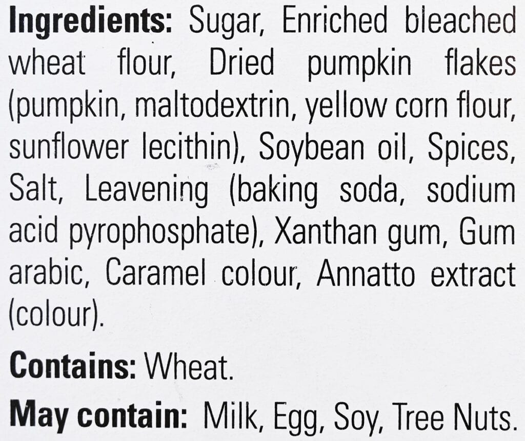 Image of the ingredients for the pumpkin spice quick bread mix from the back of the box.