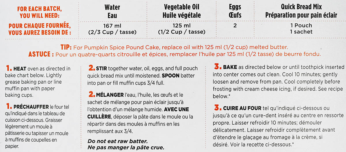 Image of the preparation instructions for the baking mix from the back of the box.