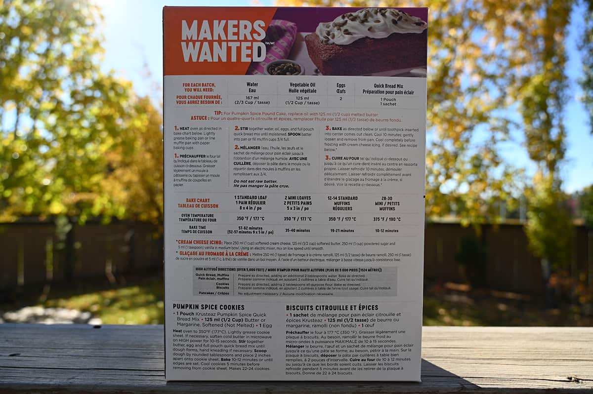 Image of the back of the mix box showing baking and preparation instructions and a recipe for pumpkin spice cookies.