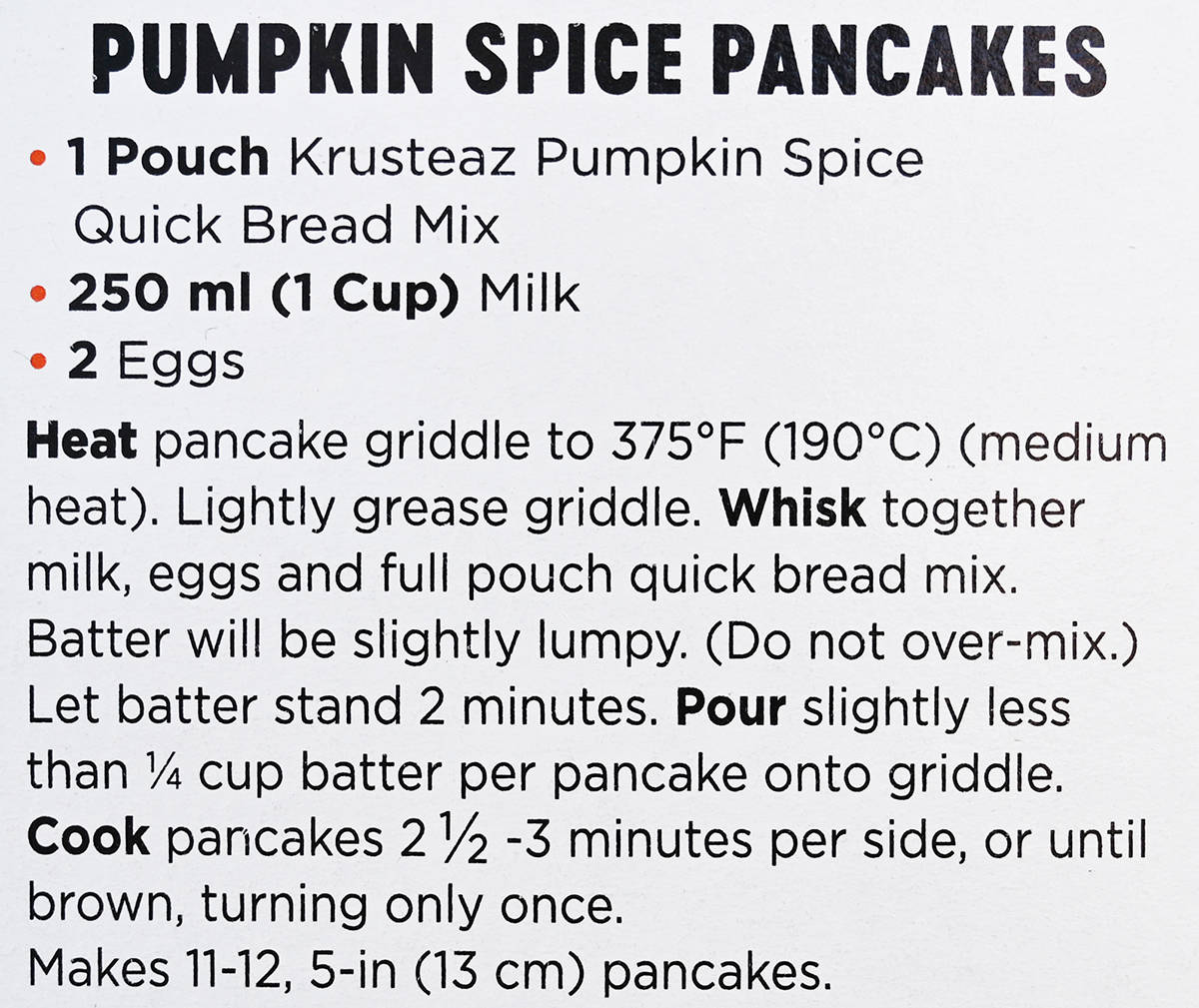 Closeup image of the pumpkin spice pancakes recipe from the back of the box.