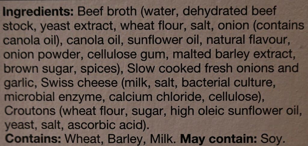 Costco Cuisine Adventures French Onion Soup ingredients label. 