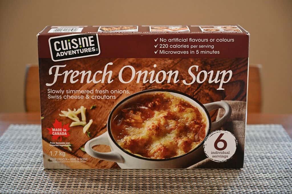 Costco Cuisine Adventures French Onion Soup box sitting on a table. 