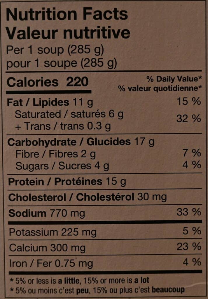 Costco Cuisine Adventures French Onion Soup nutrition facts label. 