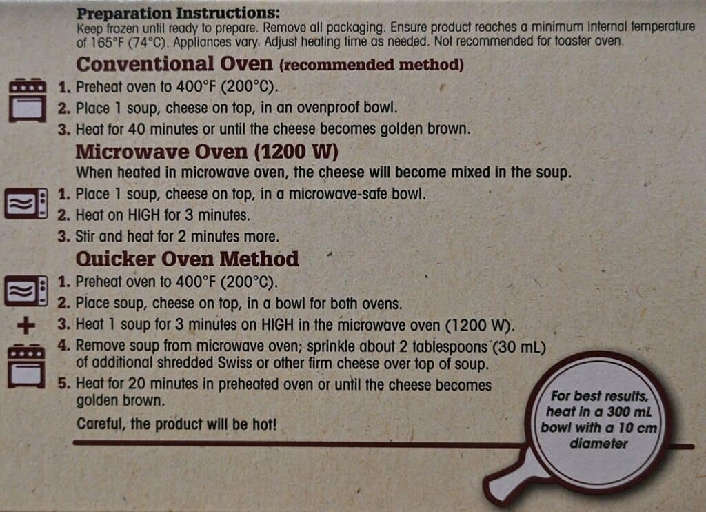 Costco Cuisine Adventures 法式洋葱汤的烹饪说明。 