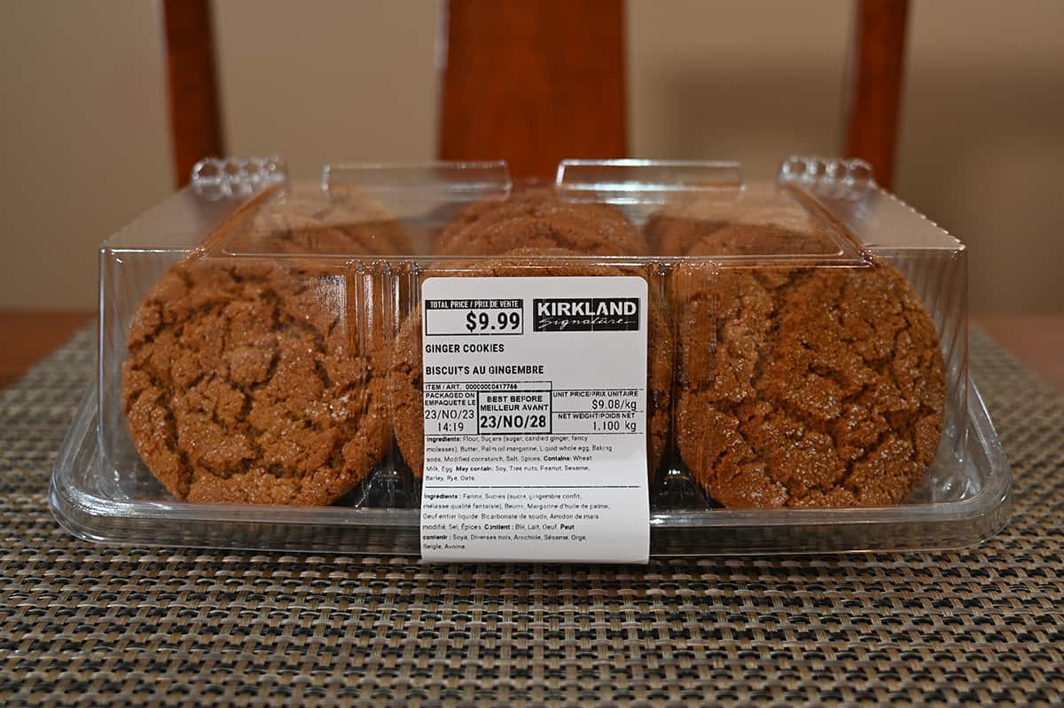 Image of an unopened Costco Kirkland Signature Ginger Cookies container sitting on a table.