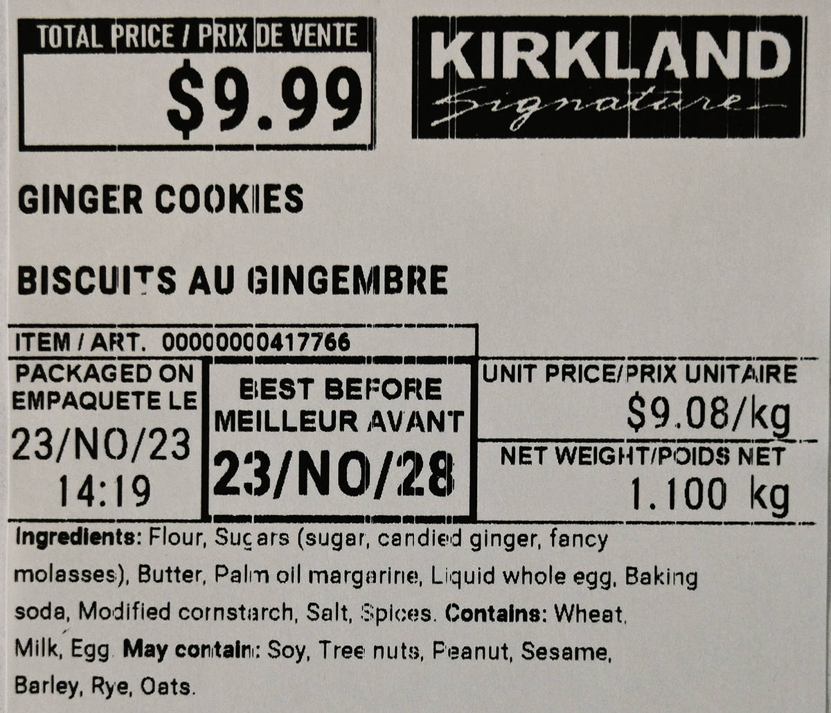 Closeup image of the front label of the cookies showing cost, ingredients and best before date.