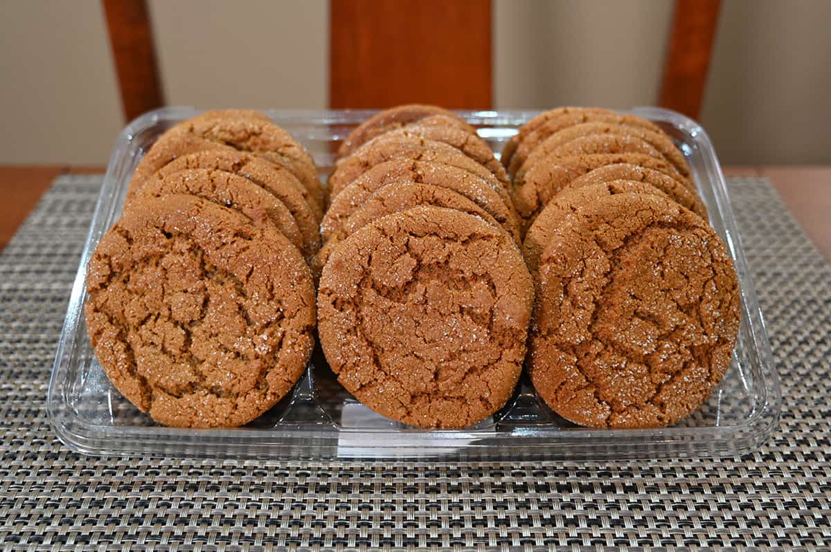 Image of an opened Costco Kirkland Signature Ginger Cookies container sitting on a table.