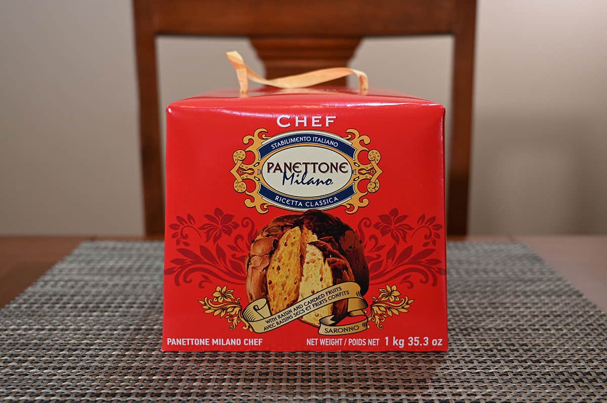 Costco Chef Panettone Milano box sitting on a table, side view image.