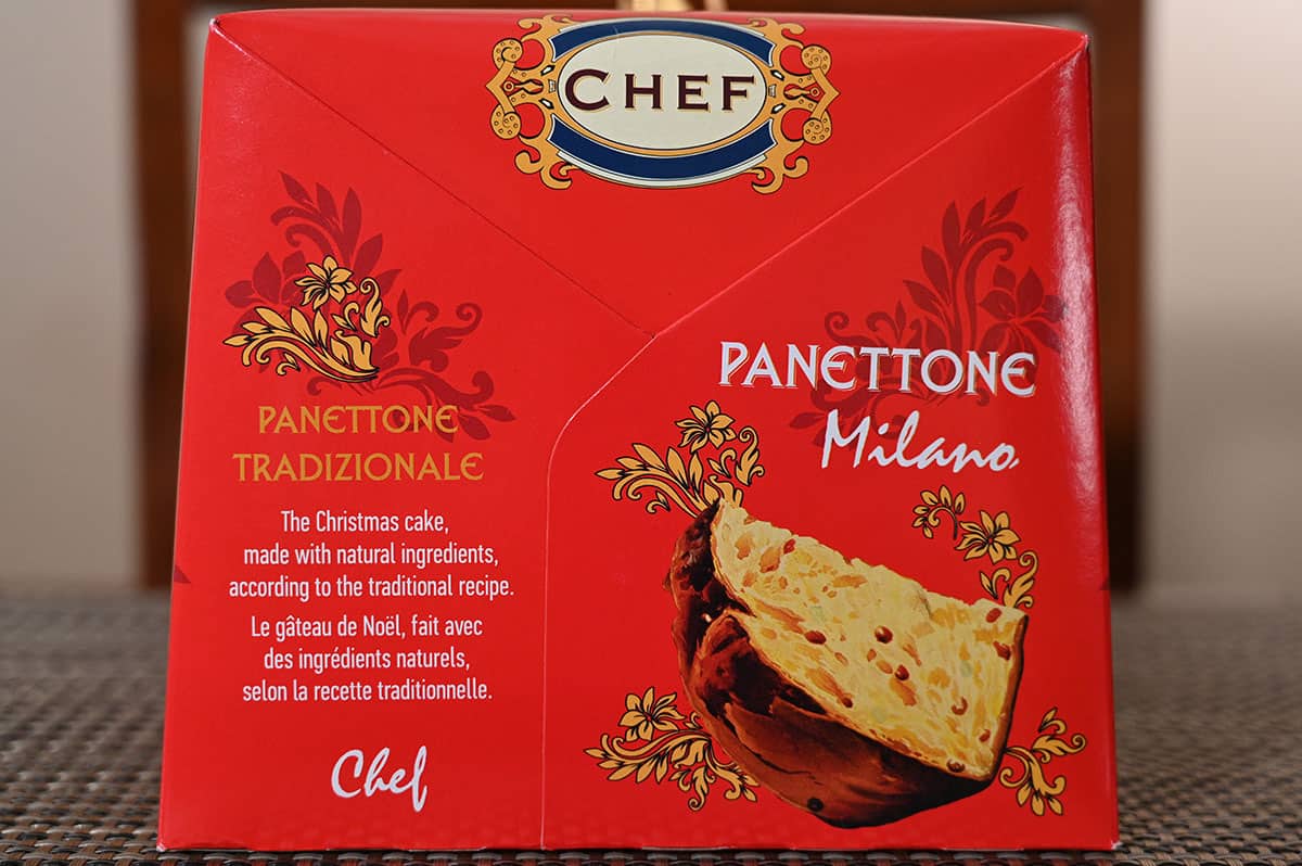 Image of the product description written on the side of the panettone box.