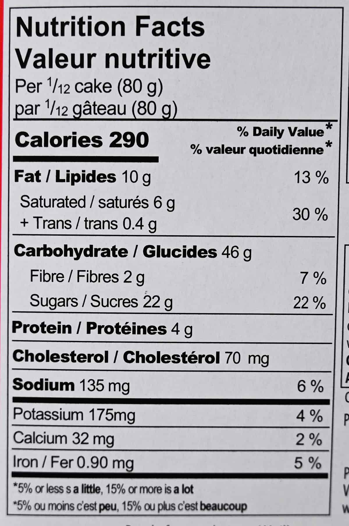 Image of the panettone nutrition facts from the box.