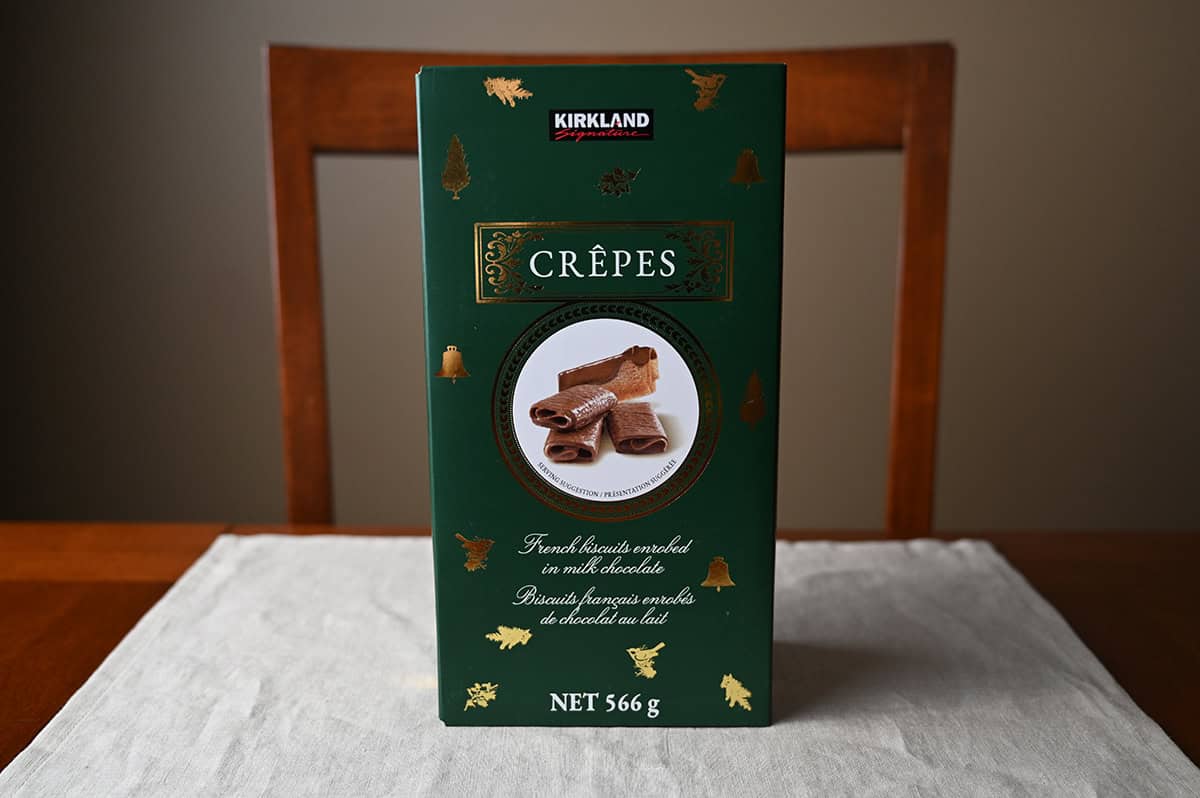 Image of the Costco Kirkland Signature Crepes box sitting on a table unopened.